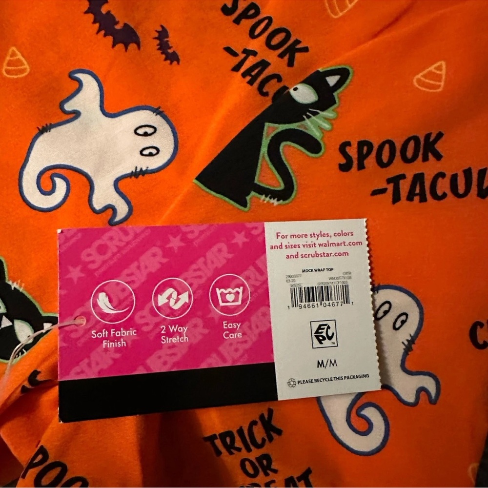 Scrubstar Medium Orange Halloween Scrub Top‎ with Ghosts and Pumpkins - Picture 5 of 6